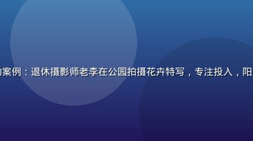 香蕉视频成功案例：退休摄影师老李在公园拍摄花卉特写，专注投入，阳光洒在镜头上